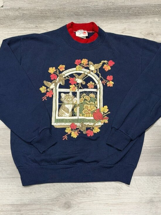 Vintage 90s Morning Sun Autumn Home is where the Cat is Sweatshirt Size Medium - Picture 1 of 9